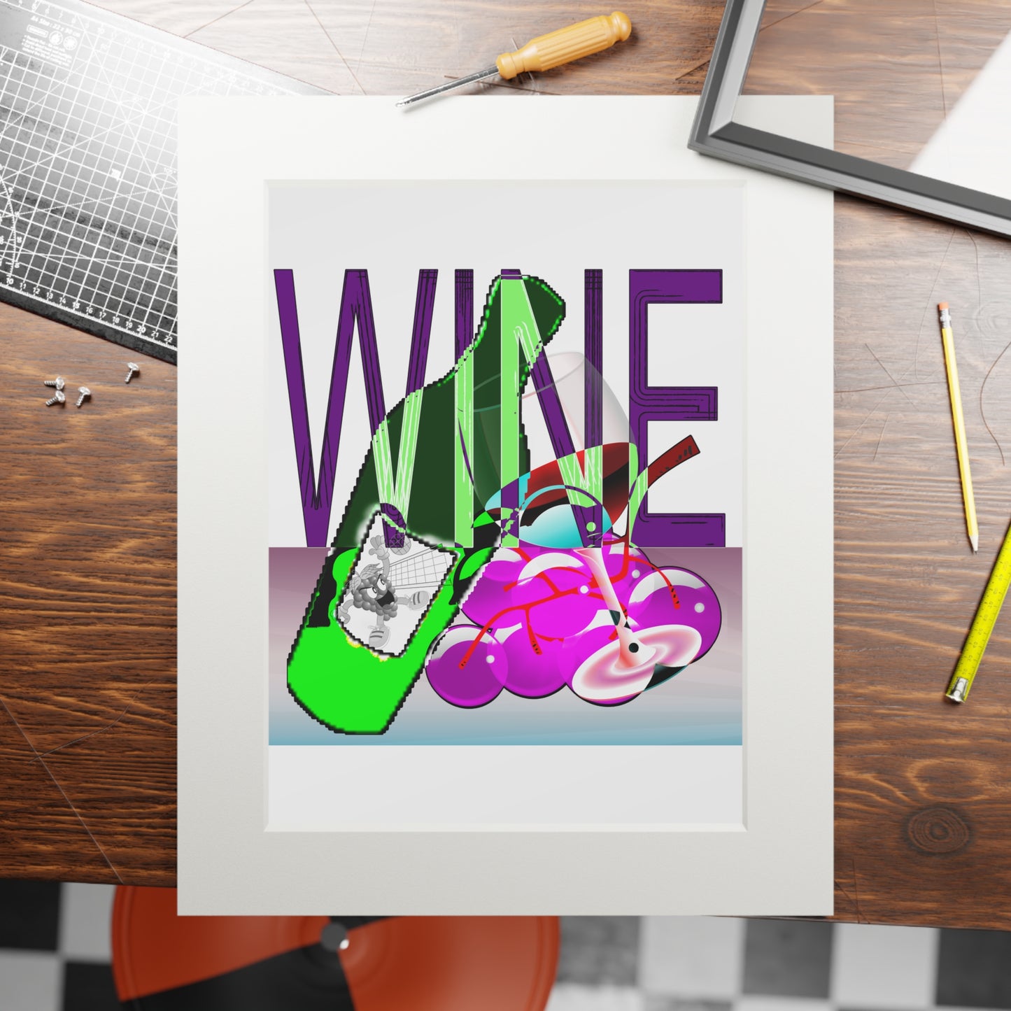 Wine Art Print with Passepartout — Pop Art Bottle & Glass Wall Decor