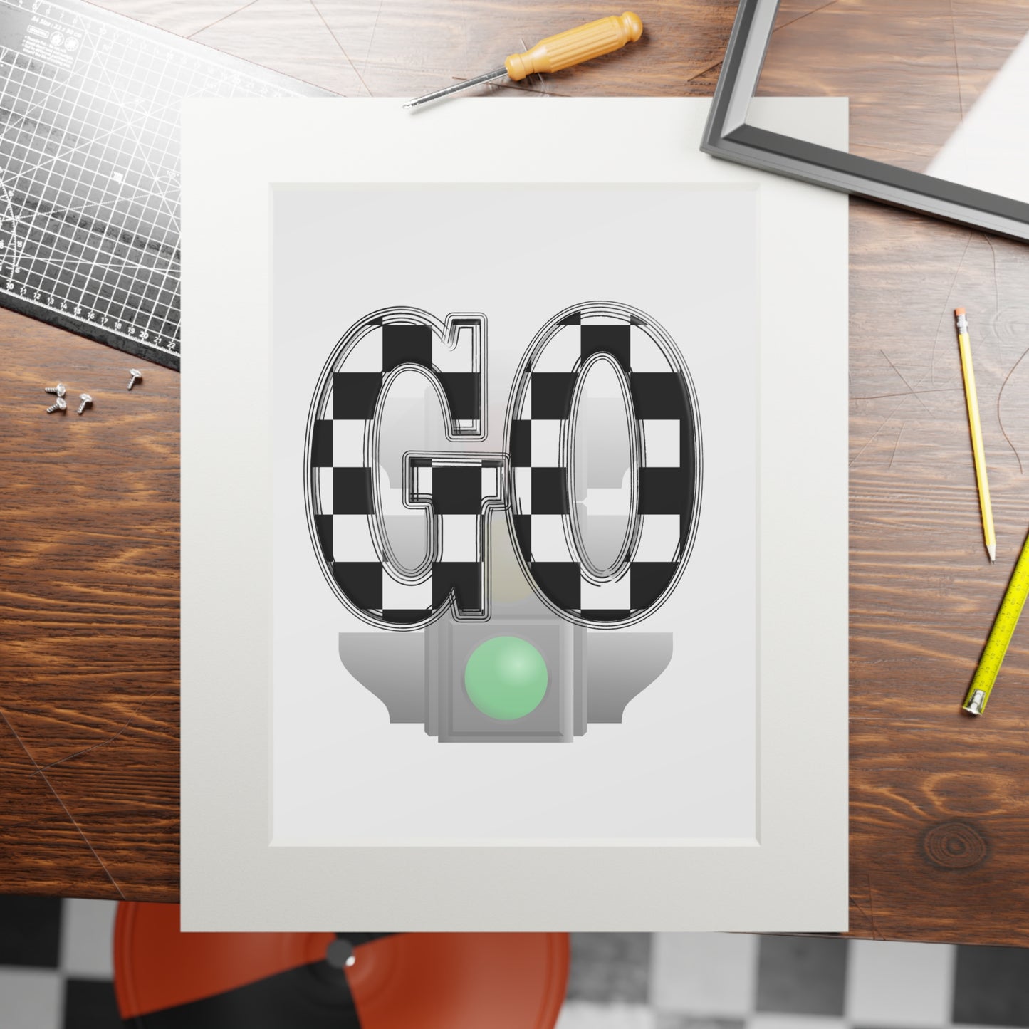 GO Checkerboard Fine Art Print (Passepartout Frame) — Minimal Racing Wall Art