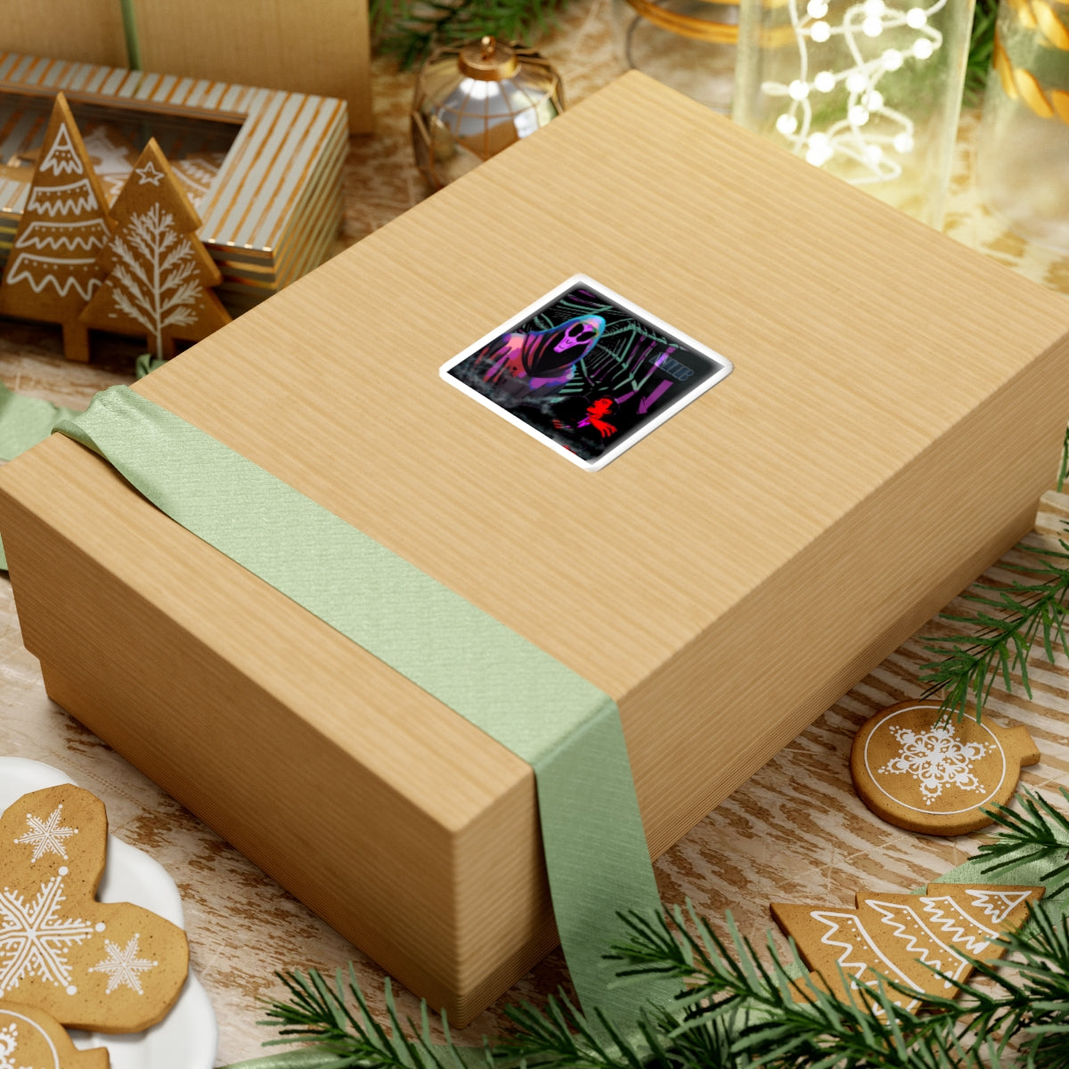 Alien Gothic Reaper Kiss-Cut Sticker — Neon Alien Grim Reaper & Scene