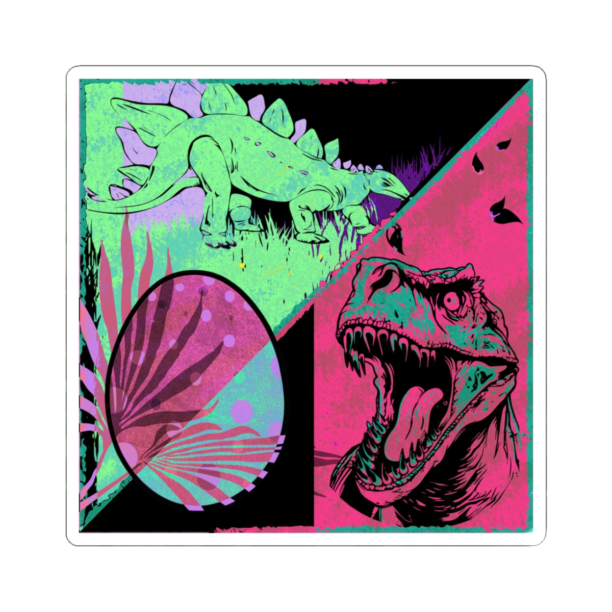 Retro Neon Dino Kiss-Cut Sticker — T-Rex & Stegosaurus Collage