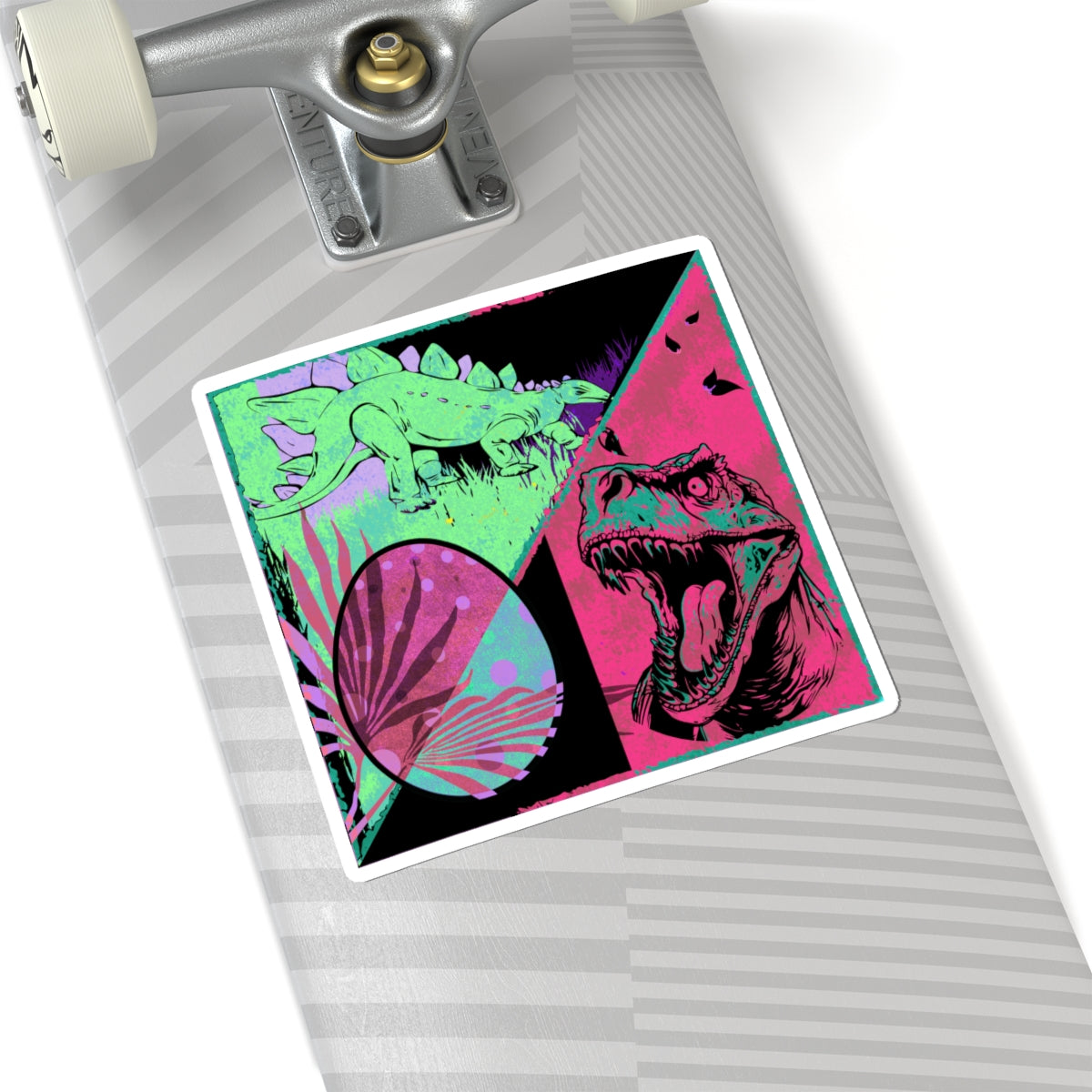 Retro Neon Dino Kiss-Cut Sticker — T-Rex & Stegosaurus Collage