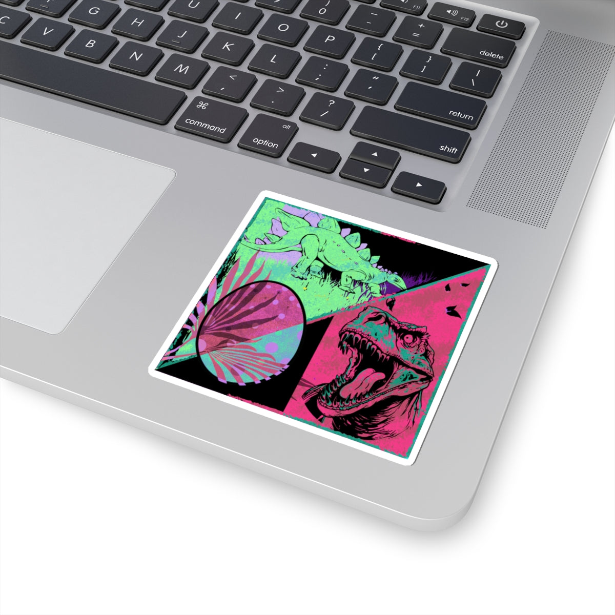 Retro Neon Dino Kiss-Cut Sticker — T-Rex & Stegosaurus Collage