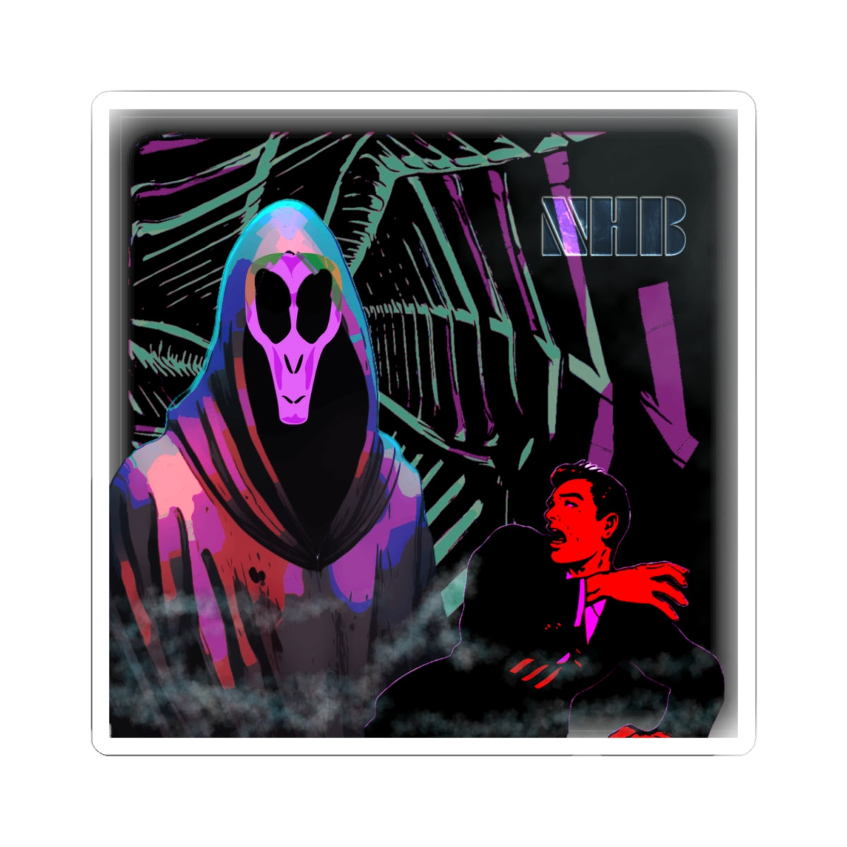 Alien Gothic Reaper Kiss-Cut Sticker — Neon Alien Grim Reaper & Scene