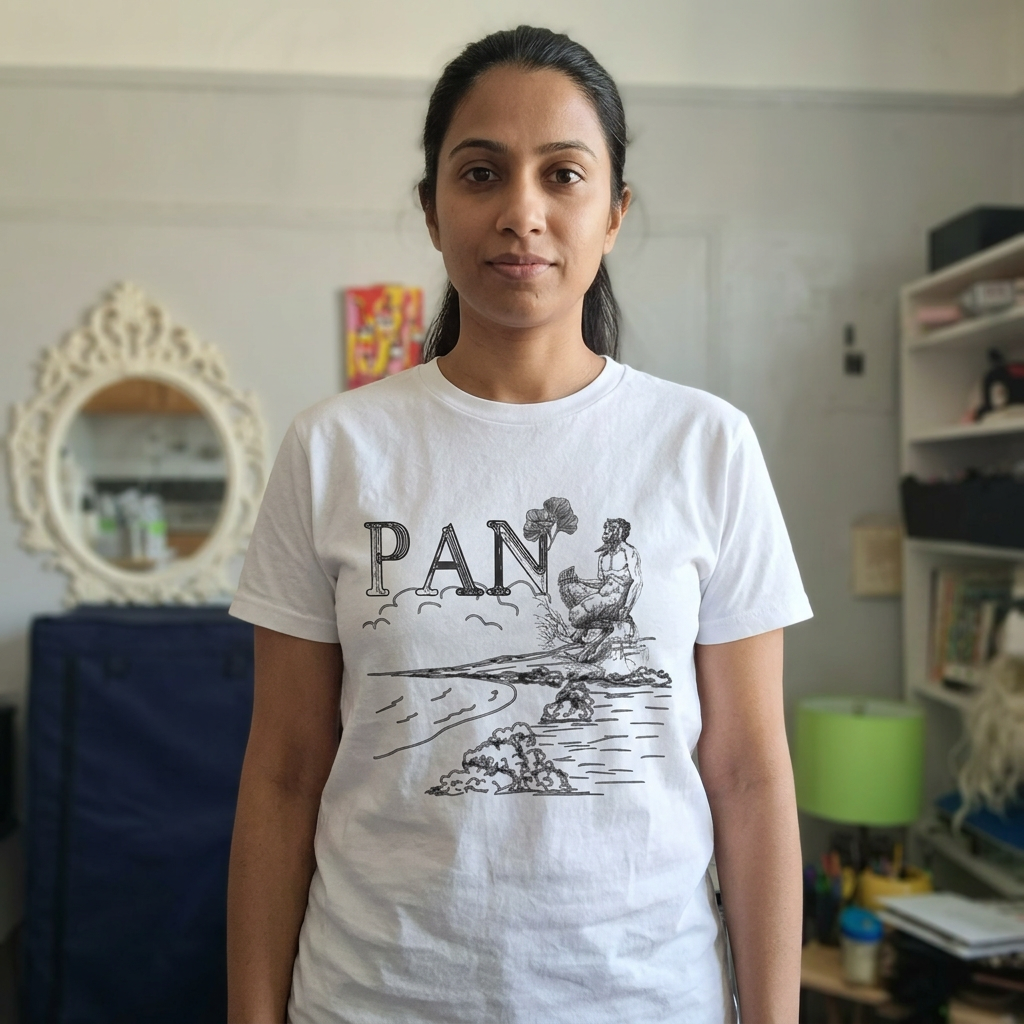 White Pan graphic tee on a woman model in an apartment with an ornate mirror