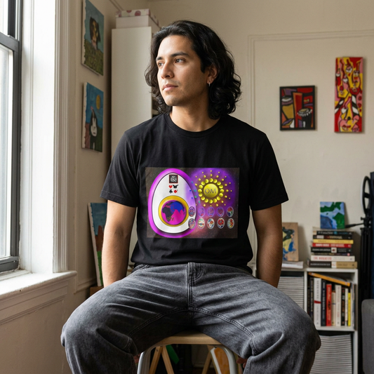 Om Sun black graphic T-shirt on a seated model beside an apartment window