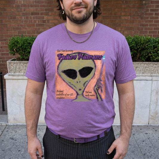 Future Humans Called Greys graphic T-shirt in Heather Team Purple on a man outdoors