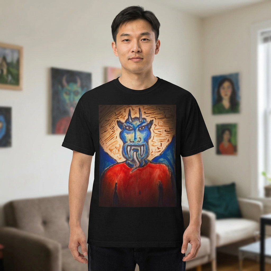 Black Blue Demon Art T-Shirt on a man model in an apartment setting, front view