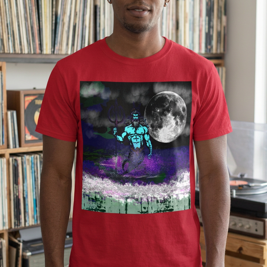 Close view of a model wearing the Cardinal Poseidon T-shirt, with lower face and arms visible