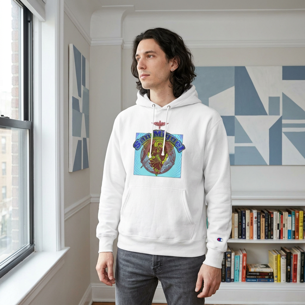 White San Miguel Champion graphic hoodie modeled beside an apartment window