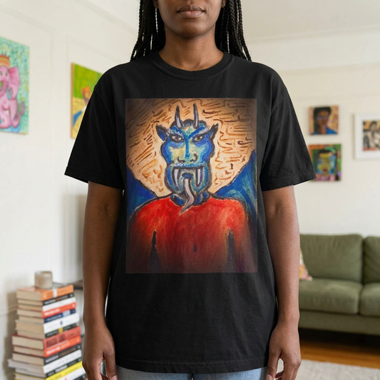 Black Blue Demon Art T-Shirt on a woman model, showing the blue horned figure and red torso artwork