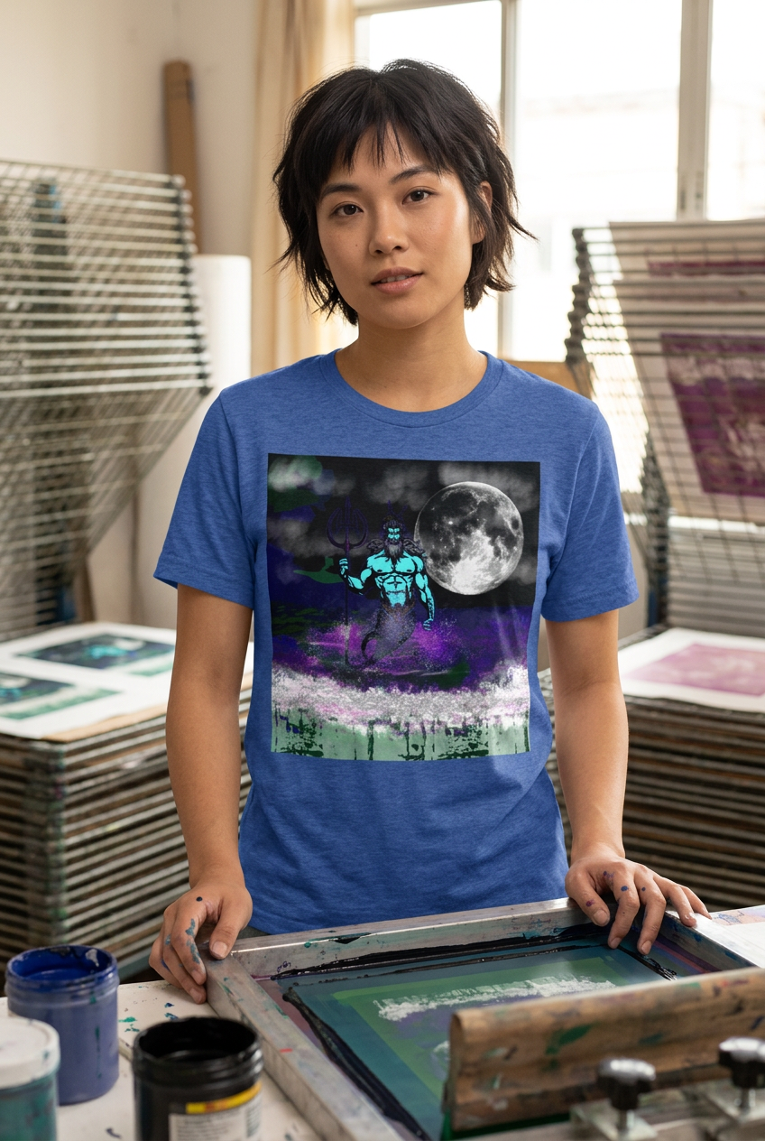 Model wearing Heather True Royal Poseidon graphic T-shirt in a printmaking studio