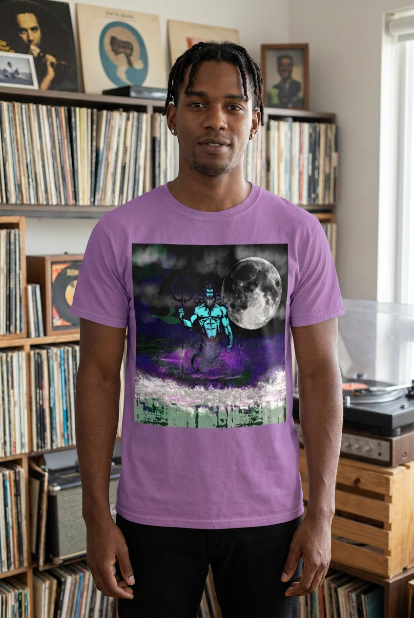 Model wearing Heather Team Purple Poseidon graphic T-shirt in a record-filled apartment