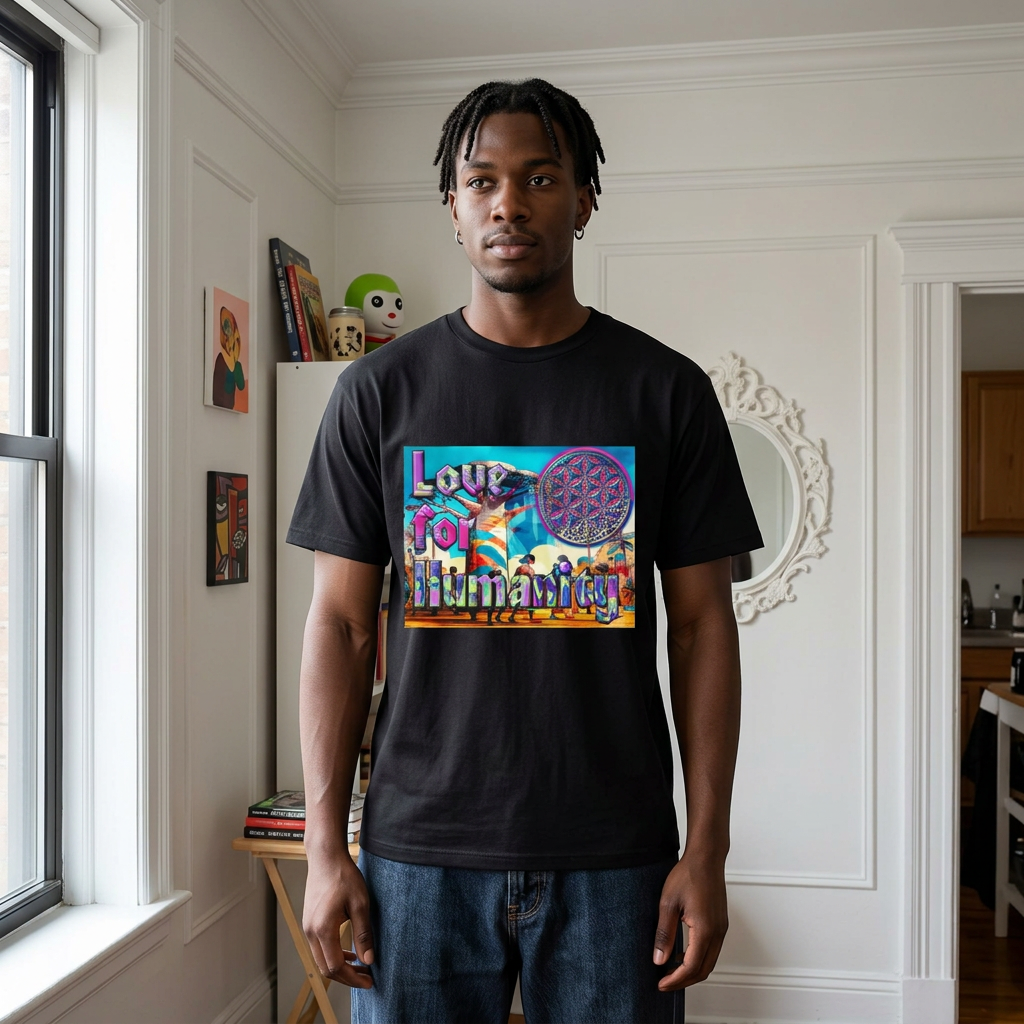 Love for Humanity black graphic T-shirt modeled beside an apartment window
