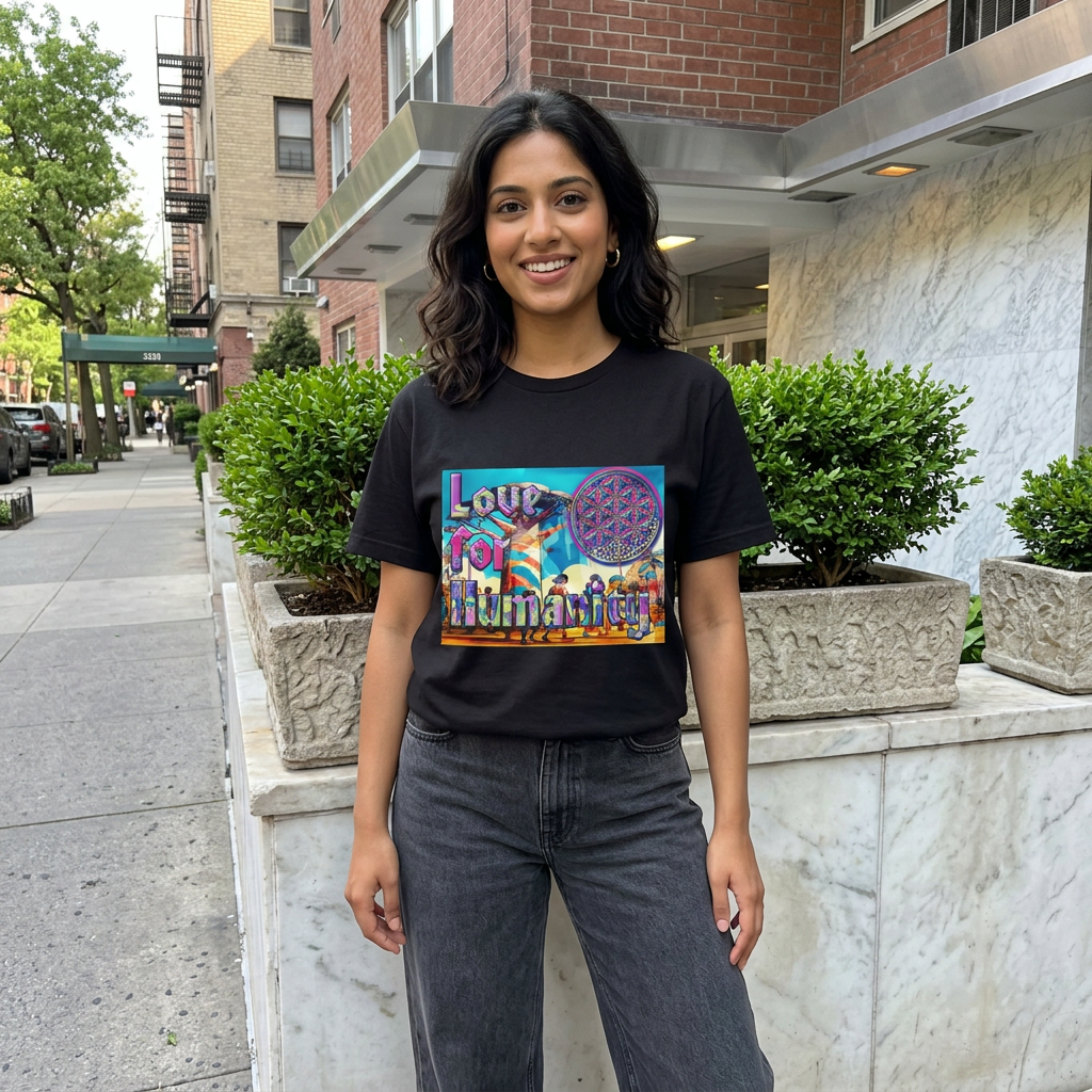Love for Humanity black graphic T-shirt modeled beside a neighborhood planter