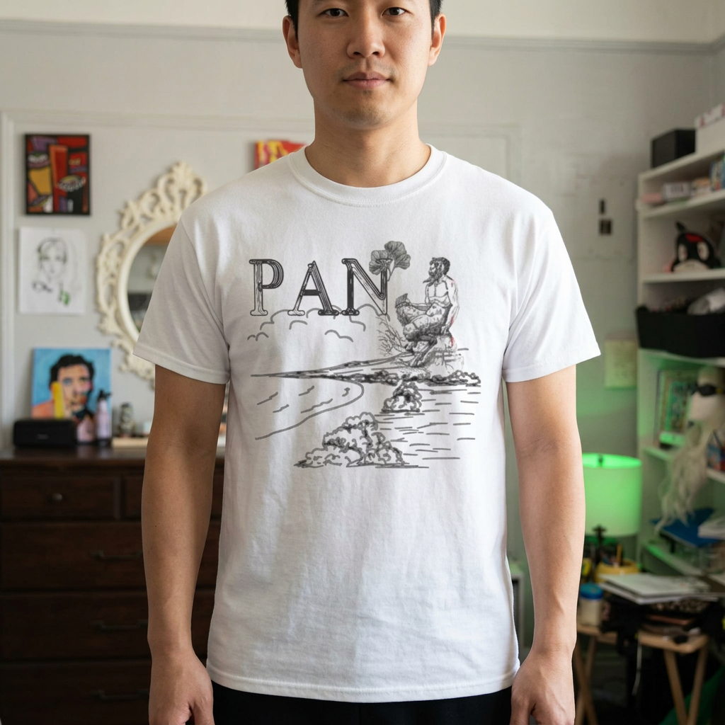 White Pan graphic tee on a man model in an apartment with paintings and a white mirror