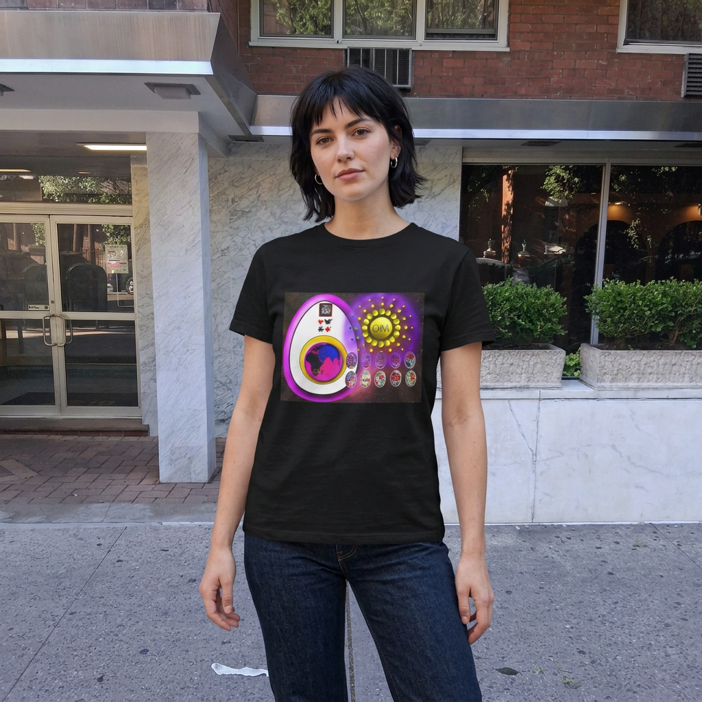 Om Sun black graphic tee modeled by a young adult in the supplied sidewalk setting