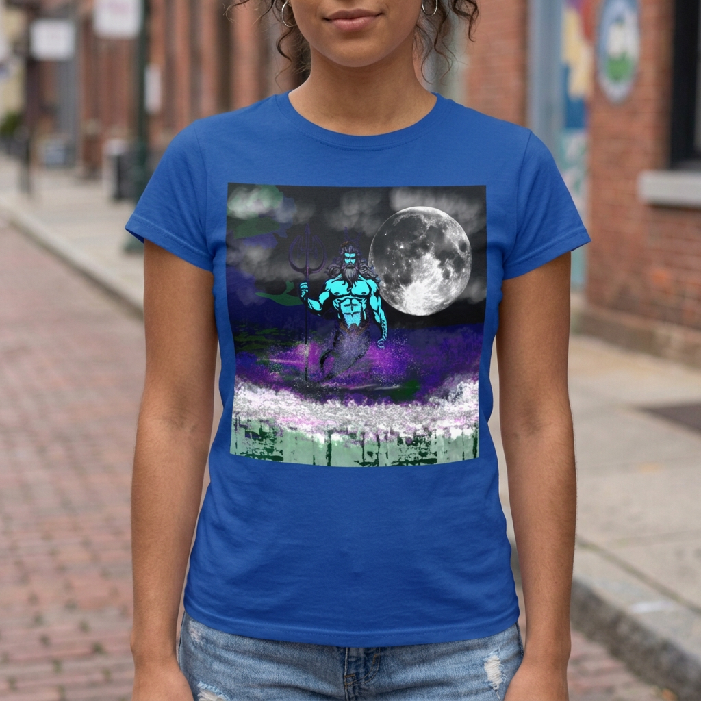Close view of a model wearing the True Royal Poseidon T-shirt, with lower face and arms visible