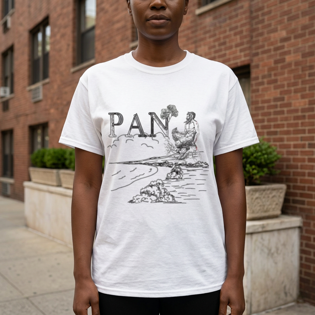 White Pan graphic tee on a woman model beside brick apartments and stone planters