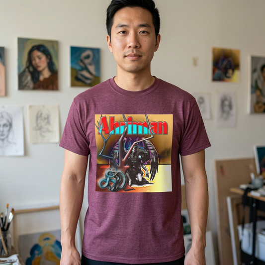 Heather Maroon Ahriman graphic tee on a man model, front view in an artist room