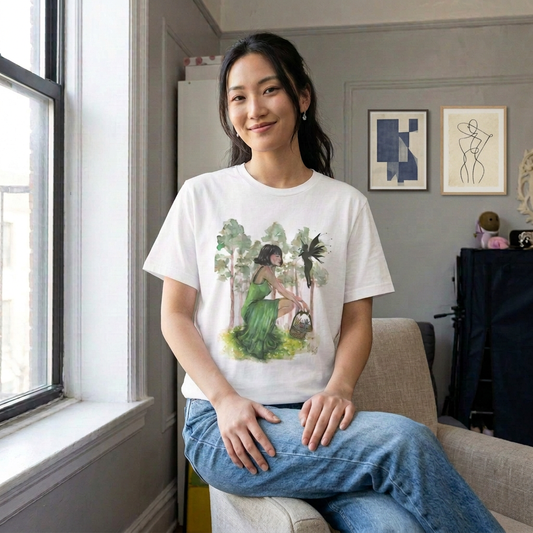 White Fairy graphic T-shirt on a seated woman beside a window with abstract wall art