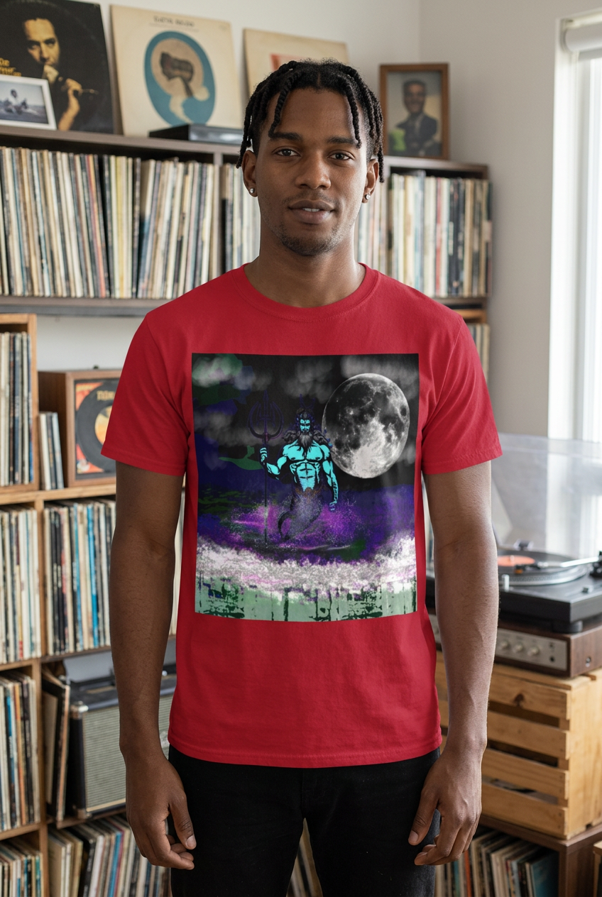 Model wearing Cardinal Poseidon graphic T-shirt in a record-filled apartment