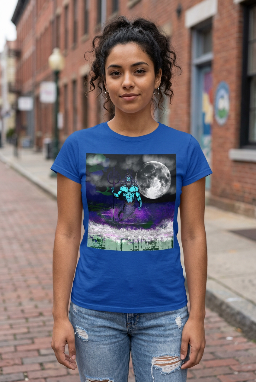 Model wearing True Royal Poseidon graphic T-shirt on a brick-lined street