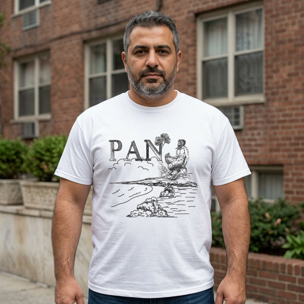 White Pan graphic tee on a stockier bearded man model outside brick apartments