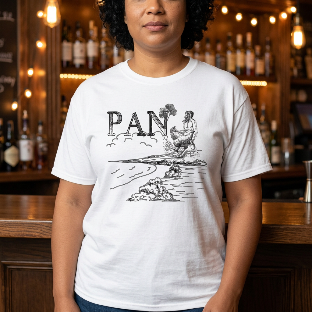 White Pan graphic tee on a fuller-build woman model in a warm bar setting